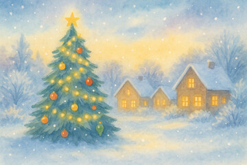 Watercolor Christmas Village Scene with Snow and Decorated Tree