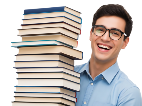 Young man with stack of books smiling