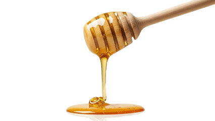 Golden honey dripping from wooden dipper on black background