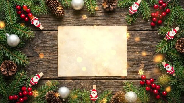 A rustic wooden table is decorated with a Christmas wreath made of fir branches, pine cones, red berries, and Santa Claus ornaments, with a blank parchment paper in the center.