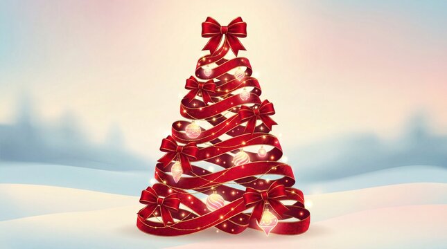 Creative Christmas tree formed by spiraling red ribbons and bows with glowing lights. Snowy background creates festive mood perfect for holiday cards and seasonal greetings.