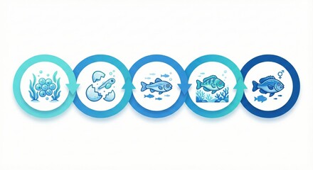 A visual representation depicting the life cycle of fish, illustrating key stages from eggs to mature fish in a gradient of blue tones.