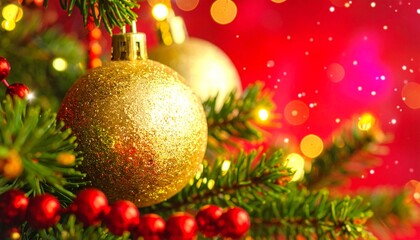 Close-up of elegant Christmas gold ornaments and shiny baubles hanging on green fir branches, glowing with festive warm lights and soft bokeh.