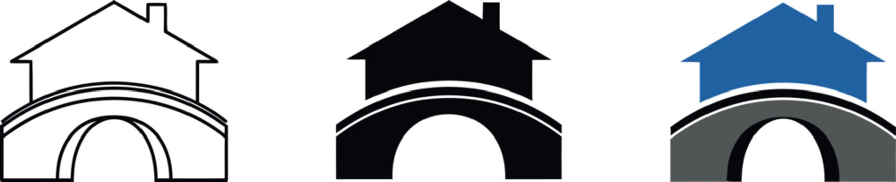 House on bridge icon set vector illustration in outline silhouette and color for real estate or construction company logo design