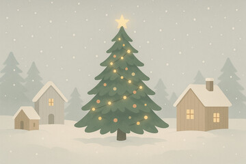 Pastel Christmas Village Illustration with Snow and Decorated Tree