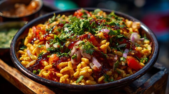 Bhel puri, popular indian street food snack in bowl..
