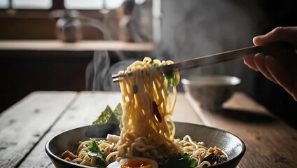 Hand lifting steaming ramen noodles with chopsticks indoors by window. - Powered by Adobe