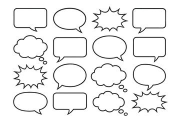 Fototapeta premium Diverse set of black outline speech bubbles, thought clouds, and explosive bursts