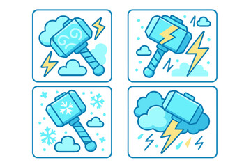 Fototapeta premium Four powerful hammer icons surrounded by lightning, snow, and rain weather conditions