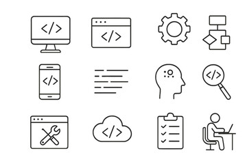 Linear icons set for software development, programming, coding, and web design concepts