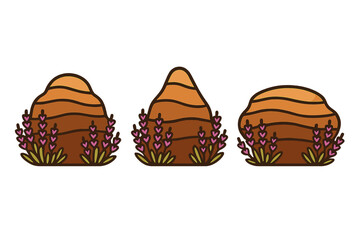 Set of three stylized brown beehives surrounded by blooming purple lavender flowers