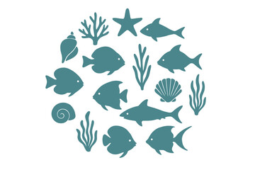 Marine life silhouettes collection featuring fish, shells, coral, and seaweed arranged in a circle