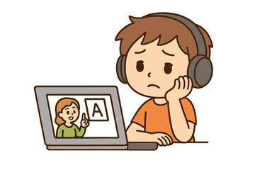 Unmotivated child student watching a virtual lesson on a laptop screen with headphones