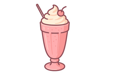 Delicious pink strawberry milkshake topped with fluffy whipped cream and a bright red cherry in a tall glass