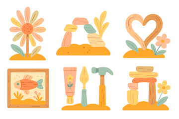 Fototapeta premium Whimsical nature and craft elements including flowers, balanced stones, heart shape, and tools