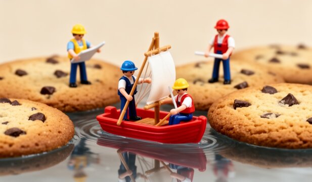Tiny builders sailing on a cookie lake under a sugary sky