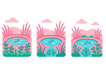 Set of three stylized graphic scenes featuring small ponds, tall reeds, and lush wetland plants