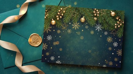 A festive Christmas card with a dark blue background adorned with snowflakes and pine branches, next to a teal envelope sealed with gold wax. - Powered by Adobe