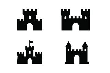 Fototapeta premium Four different black silhouettes of medieval castle architecture and ancient fortress buildings