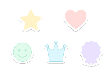 Cute pastel sticker icons set featuring star heart crown smiley face and badge shapes