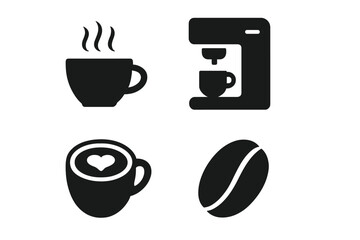 Minimalist black silhouette symbols of coffee cup, espresso machine, latte art, and bean
