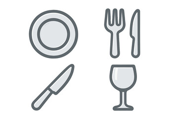 Minimalist dining symbols including plate, fork, knife, and wine glass for restaurant service