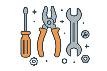 Set of essential hand tools including screwdriver, pliers, and wrench for repair service