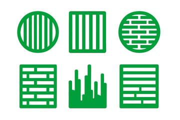 Six abstract green geometric icons with various line and bar patterns