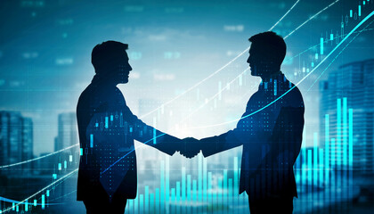 朝日夕日の中の都市オフィスで交渉と握手を交わすビジネスパートナーがきらきら輝き希望と成功を感じる瞬間	