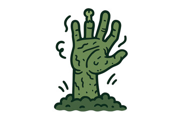 Creepy undead zombie hand rising from the grave dirt with a broken finger