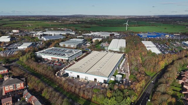Distribution centre warehouses in a large retail park, Warrington, England