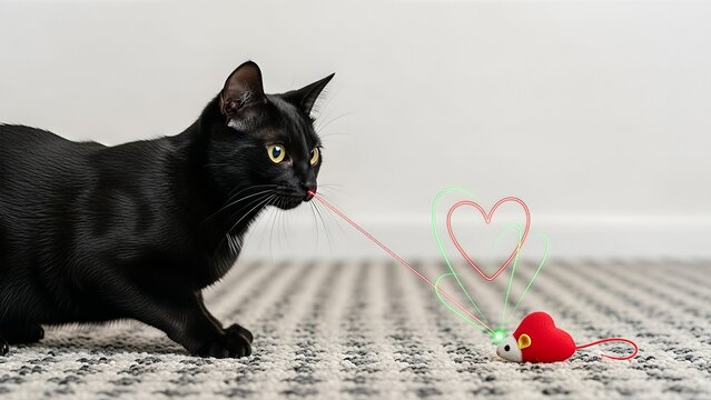 Black Cat Playing with Red Mouse Toy on Carpet, Cute Pet and Animal Illustration, Valentine's Day gifts for petS