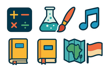 Set of colorful symbols for academic school subjects like math science and art