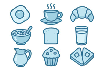 Simple blue icons set depicting various breakfast foods and morning meals