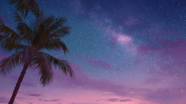 Palm tree under a vibrant and star-studded sky, exuding a sense of peace and serenity. The blend of colors creates a mesmerizing and tranquil atmosphere. 