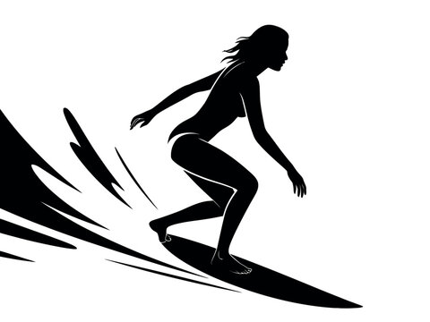 A silhouette of a woman surfing on a surfboard with water splashing around her. - Powered by Adobe