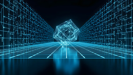 Futuristic technology background with glowing blue circuitry, digital grid lines, abstract geometric shapes, neon light effects, high-detail motherboard patterns, soft reflections, modern sci-fi tech