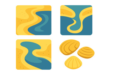 Abstract beach and ocean landscape icons with stylized seashells in a modern paper cut style