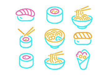 Vibrant neon outline icons featuring Japanese sushi rolls, nigiri, and steaming noodle bowls © icon_art