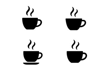 Set of four black silhouette cups of hot drinks with rising steam