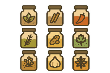 Set of nine stylized spice and herb jars containing chili, cinnamon, garlic, and star anise