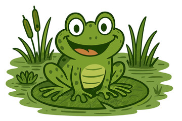 Cute cartoon frog sitting on a lily pad in a pond with cattails and grass