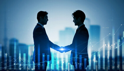 朝日夕日の中の都市オフィスで交渉と握手を交わすビジネスパートナーがきらきら輝き希望と成功を感じる瞬間	