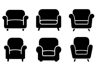 Collection of six different black silhouette armchairs for modern interior design concepts