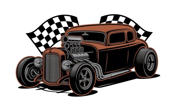 Vintage hot rod car with checkered racing flags illustration