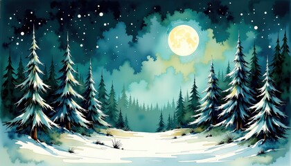 Moonlit snowy night winter landscape with trees and full moon experience serene beauty of winter night as full moon illuminates snow covered trees tranquil scene