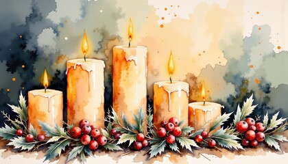 Festive candles and holly wreath on watercolor backdrop illustration of festive candles and holly wreath against soft artistic watercolor backdrop perfect for holidays
