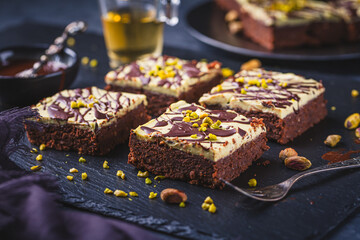 Gluten free and sugar free brownies with pistachio icing, Dubai style chocolate cake