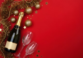 Champagne bottle and glasses with gold decorations on a red background for a New Year's party invitation