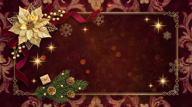 Elegant Christmas background with a decorative frame, golden poinsettia, and festive ornaments on a red damask pattern.